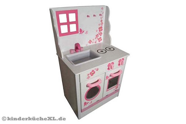 Holz Spielküche, Herd und Spüle in Weiß, Rosa Farbakzente.