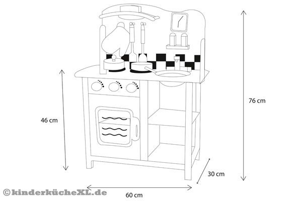 Detailskizze mit Abmessungen der weißen Kinderküche.