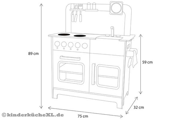 Detailskizze mit Abmessungen der XL Kinderküche.