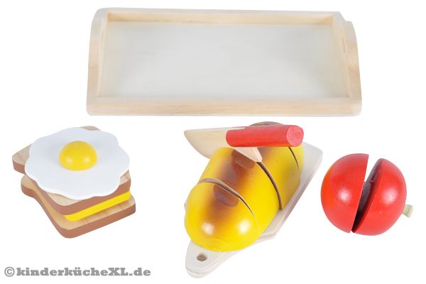 Komplett mit Messer, Brötchen, Tablett und Tomate.